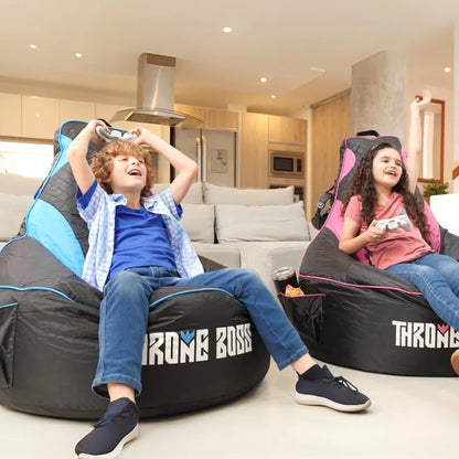Throne Boss Gaming Bean Bag Chair Cover for Kids with High Back, Blue – Floor Gaming Chair Cover, Easy to Clean Fabric, Large Side Pockets, Headphone Hanger, Requires 200 Liters Polystyrene Beans