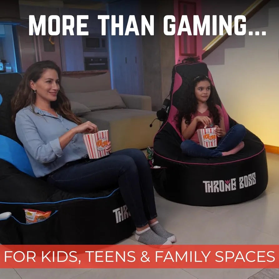 Throne Boss Gaming Bean Bag Chair Cover for Kids with High Back, Blue – Floor Gaming Chair Cover, Easy to Clean Fabric, Large Side Pockets, Headphone Hanger, Requires 200 Liters Polystyrene Beans