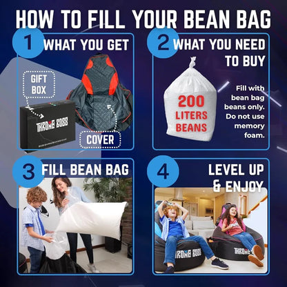 Throne Boss Gaming Bean Bag Chair Cover for Kids with High Back, Blue – Floor Gaming Chair Cover, Easy to Clean Fabric, Large Side Pockets, Headphone Hanger, Requires 200 Liters Polystyrene Beans