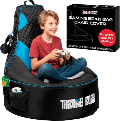 Throne Boss Gaming Bean Bag Chair Cover for Kids with High Back, Blue – Floor Gaming Chair Cover, Easy to Clean Fabric, Large Side Pockets, Headphone Hanger, Requires 200 Liters Polystyrene Beans