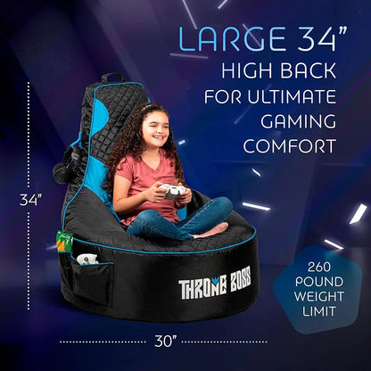 Throne Boss Gaming Bean Bag Chair Cover for Kids with High Back, Blue – Floor Gaming Chair Cover, Easy to Clean Fabric, Large Side Pockets, Headphone Hanger, Requires 200 Liters Polystyrene Beans